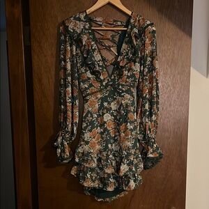 Orange and Tan Ruffled Tiered Babydoll Dress with Plunge Neckline